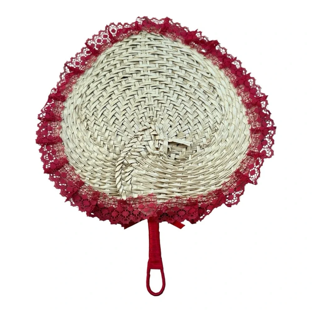 Decorative Woven Straw Hand Fan Red Lace Rose Ribbon Victorian Style